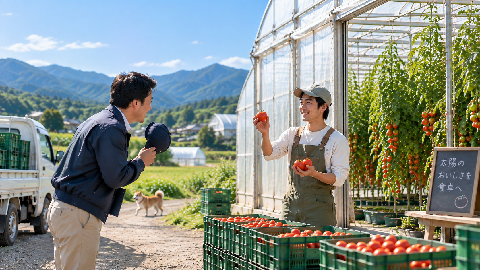 トマト農家と仕入れスタッフが言葉を交わす様子